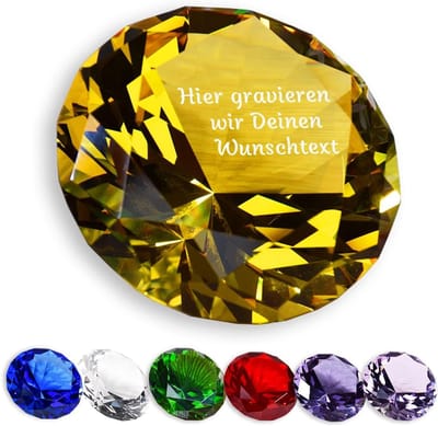 Glazen Diamant - Papiergewicht Decoratie - Bureau Accessoire - Gepersonaliseerde Gravure - 8x8x5 cm - Geel