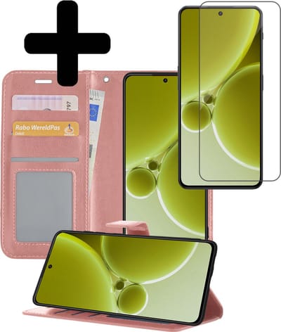 Hoesje - Met Screenprotector - Geschikt voor OnePlus Nord 3 - Luxe Pasjeshouder - Bookcase Portemonee - Flip Case - Kunstleer Book Case - Flipcase - Book Cover - Walletcase - Portemonneehoes - Telefoonhoesjes - Rosé goud