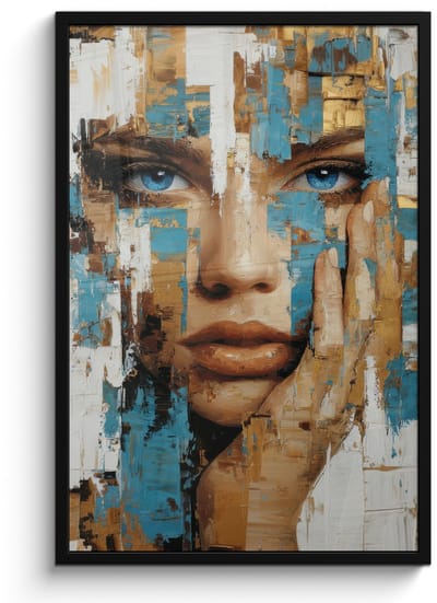Poster in lijst - Fotolijst 60x90 cm - Posters - Abstract - Penseelstreken - Blauw - Gezicht - Posterlijst zwart - Decoratie - Wanddecoratie woonkamer - Muurdecoratie slaapkamer