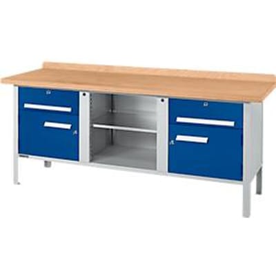 Box-type werkbank Schäfer Shop Select PW 200-0 - beuken multiplex blad - tot 750 kg - B 2000 x D 700 x H 840 mm - gentiaanblauw