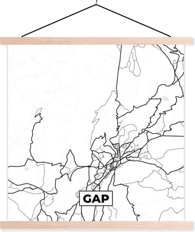 Posterhanger incl. Poster 40x40 cm - Schoolplaat - Frankrijk – Kaart – Gap - Plattegrond – Stadskaart - Zwart wit - Textielposter - Blanke latten - Stadskaart