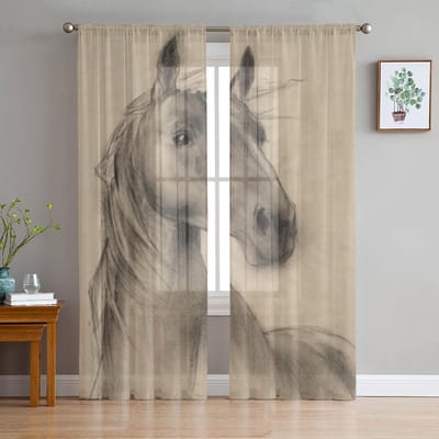 Vrijhand Paardenhoofd Potloodtekening Transparante Gordijnen voor Woonkamer Transparant Tule Raamgordijn Slaapkamer Keuken Sluier Drapes 135W x 114H(cm) gray
