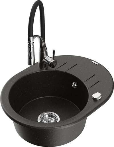 Mexen Kevin 1-komparty granieten spoelbak met afdruiprek en keukenmengkraan Aster, zwart/goud metallic - 6517-75-73450-07