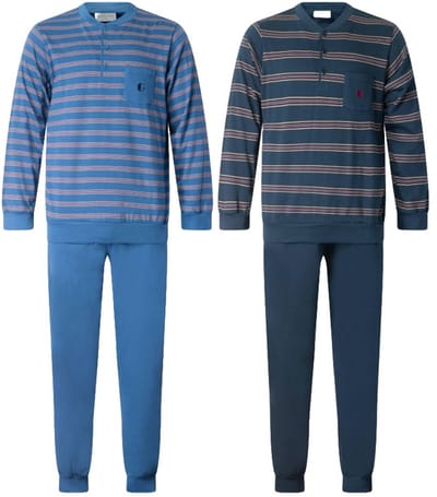 Gentlemen - aangeruwde heren pyjama's 114298 - double jersey - knoophals - blauw en donkerblauw - maat L