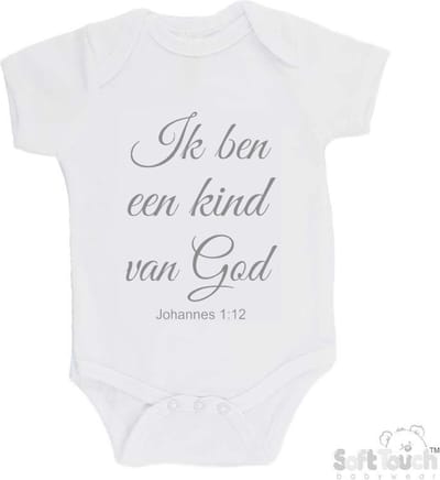 100% katoenen Romper "Ik ben een kind van God Johannes 1:12" Unisex Katoen Wit/grijs Maat 62/68