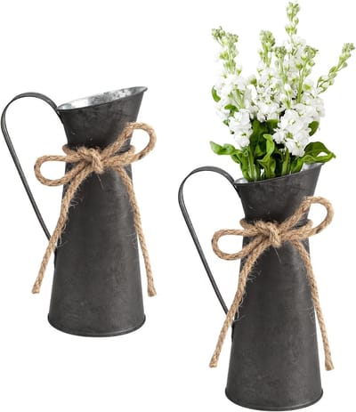 Set van 2 metalen bloemenvaasjes en melkkan in landelijke stijl, retro shabby chic, vintage ijzeren decoratie voor bruiloften en tafels, perfect voor tuin en interieur