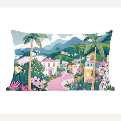 Sierkussens - Kussentjes Woonkamer - 60x40 cm - Kleurrijk - Huizen - Heuvels - Roze