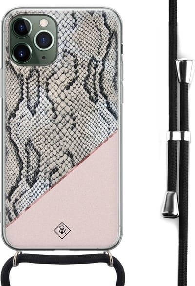 Casimoda® hoesje met koord - Geschikt voor iPhone 11 Pro - Snake Print Roze - Afneembaar koord - Siliconen/TPU - Roze