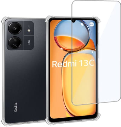 Hoesje + Screenprotector geschikt voor Xiaomi Redmi 13C – Gehard Glas Cover + Shock Proof Case – Transparant