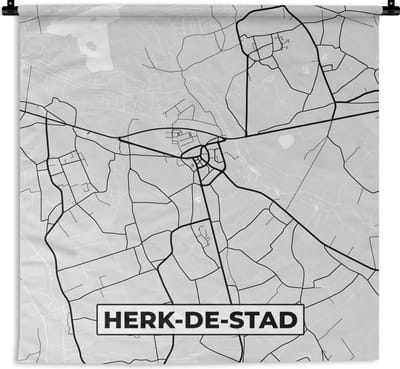 Wandkleed - Wanddoek - Stadskaart – Plattegrond – België – Zwart Wit – Herk de Stad – Kaart - 180x180 cm - Wandtapijt