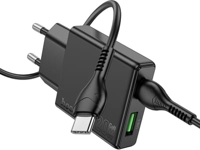 Hoco 20W Dual Poort Snellader met Kabel - 20W USB-C + 18W USB-A + 1 Meter Type-C Kabel - Compact Telefoon Oplader voor Reizen - Krachtige en Efficiënte Oplader
