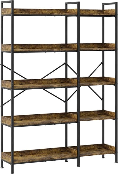 L-vormig in industriële stijl met vijf niveaus-boekenkast met open displayplanken- 4 haken- losse opbergplanken en een stevig metalen frame
