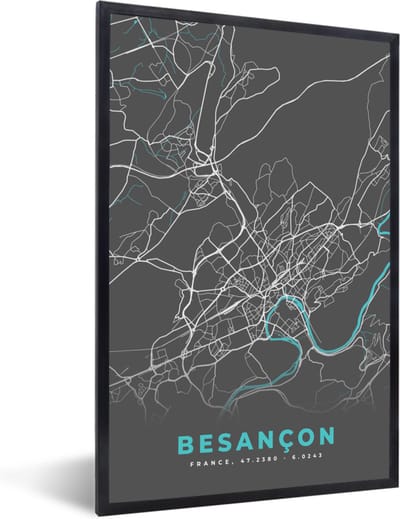 Fotolijst incl. Poster - Kaart - Plattegrond - Stadskaart - Besançon - Frankrijk - 40x60 cm - Posterlijst