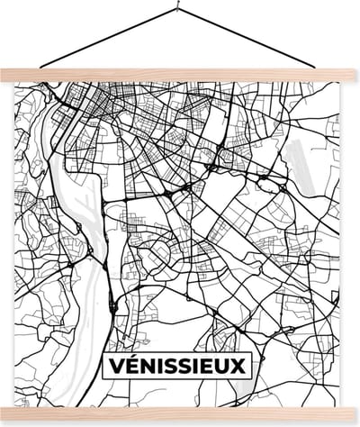 Posterhanger incl. Poster 40x40 cm - Schoolplaat - Kaart - Stadskaart - Frankrijk - Plattegrond - Vénissieux - Zwart wit - Textielposter - Blanke latten - Stadskaart