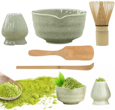 5-Delige Matcha Thee Set - Matcha Garde Set - Bamboe Garde En Keramische Kom Maatschep Gardehouder - Maakpakket Als Cadeau Voor Beginners En Liefhebbers