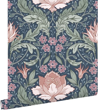 ESTAhome behang vintage bloemen in art nouveau stijl blauw, groen en terracotta roze - 50 x 900 cm - 131083