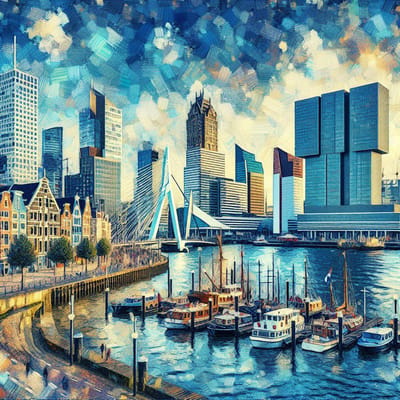 Olieverf rotterdam schilderij | Rotterdamse skyline in olieverf: een kunstwerk van grandioze schoonheid | Kunst - 60x60 centimeter op Canvas | Foto op Canvas