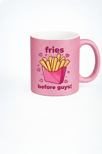 Roze Glitter Mok 'Fries Before Guys!' - Grappig Cadeau Friet Liefhebber
