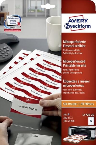 Badge insteekkaart avery l4726-20 40 x 75 mm - 240 stuks
