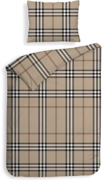 Heckettlane Dekbedovertrek Leonardo - Bedlinnen met Ruiten print - 140x220 - Beige - Dekbedhoes van 100% Katoen-Flanel