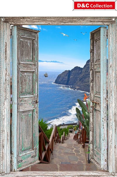 D&C Collection - tuinposter - 65x90 cm - doorkijk - deuren - trap naar zee - strelitzia - tuin decoratie - tuinposters buiten - schuttingposter - tuinschilderij