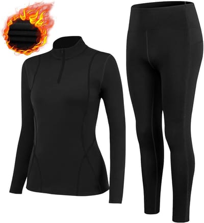 Thermisch ondergoed voor dames, met winddichte opstaande kraag, set thermisch ondergoed, ski-ondergoed, ademend, flexibel, thermo-onderhemd en -broek