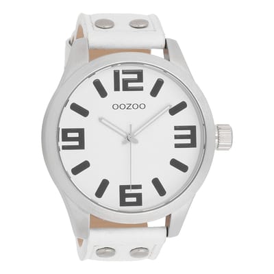 OOZOO Timepieces - Zilverkleurige horloge met witte leren band - C1000