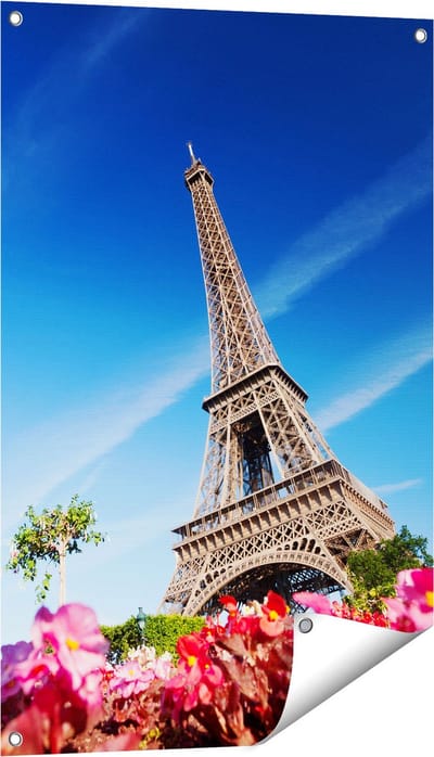 Gards Tuinposter Eiffeltoren in Parijs met Bloemen - 60x90 cm - Tuindoek - Tuindecoratie - Wanddecoratie buiten - Tuinschilderij
