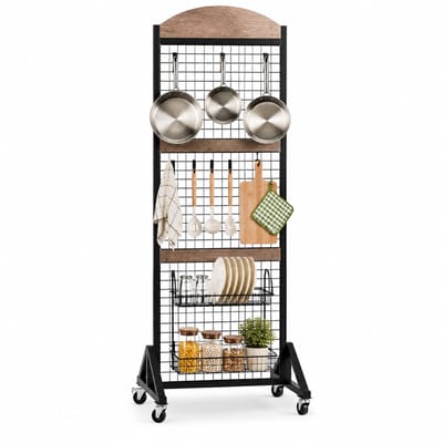 CINK Living Opbergrek 175 cm - Verrijdbaar Wandpaneel met 8 Haken - Op 4 Zwenkwielen - Zwart en Houtlook - 60 x 40 x 175 cm