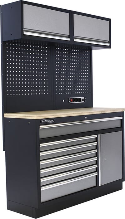 Kraftmeister werkplaatsinrichting - Werkbank met 2 wandkasten en multiplex werkblad - Werktafel met 7 laden, 1 opbergkast en gereedschapswand - Complete set voor werkplaats of garage - Grijs