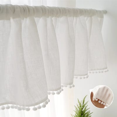 Qelus Valletje Linnenlook met Pompons - Bistrogordijn - Kort Keukengordijn - Semi-Transparant - Tunnelzoom - Landelijke Stijl - Brise-bise Aspect Lin - B132xH76cm