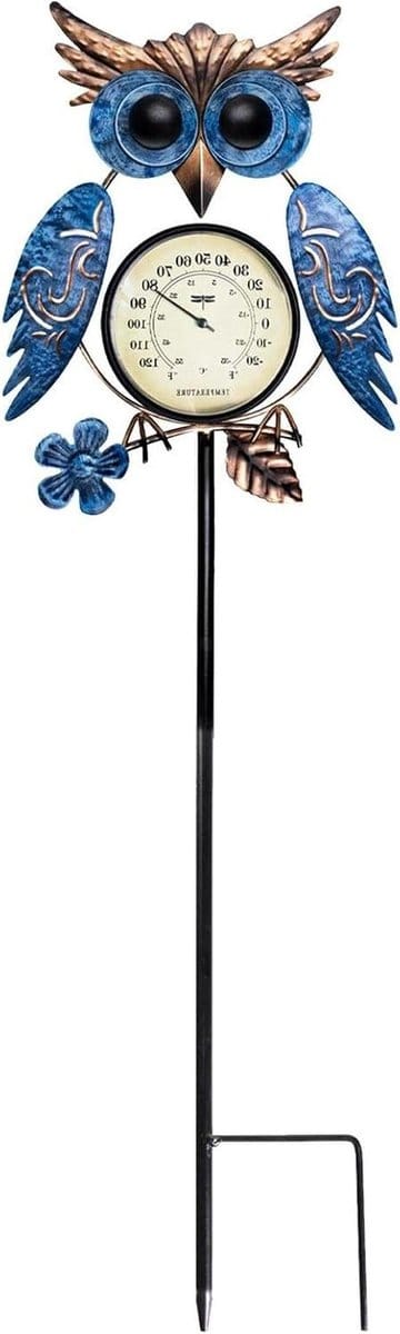 Uil Temperatuurmeter Paal - Tuin thermometer decoratie - Temperatuur Buiten Meten - Mechanische Beweging - 24 cm - Zwart