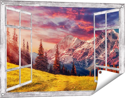 Gards Tuinposter Doorkijk Alpen Landschap met een Kleurrijke Hemel - 90x60 cm - Tuindoek - Tuindecoratie - Wanddecoratie buiten - Tuinschilderij