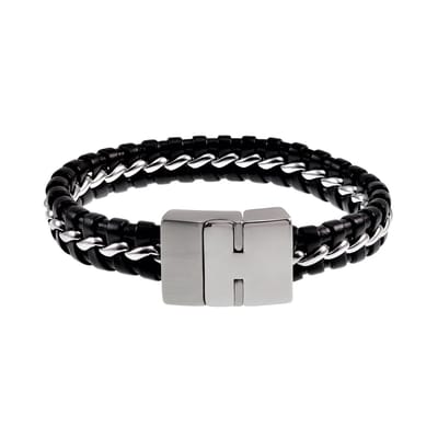 Armband Heren - Zwarte Leren - RVS - Gevlochten Armband - Binnenmaat 20 cm
