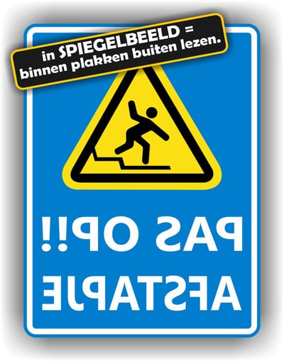 Jerma - Spiegelbeeld Raamsticker - Pas op het Afstapje - 15x20 cm - zelfklevend - Vinyl - krasvast