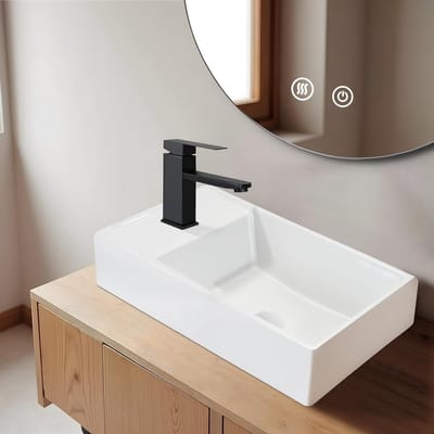 Elegante Keramische Wastafel voor Badkamer - Klein Eckig Aufsatzwaschbecken met Hahnloch voor Gastentoilet, Wandmontage 40x22x10cm, Wit Design en Ruimtebesparend