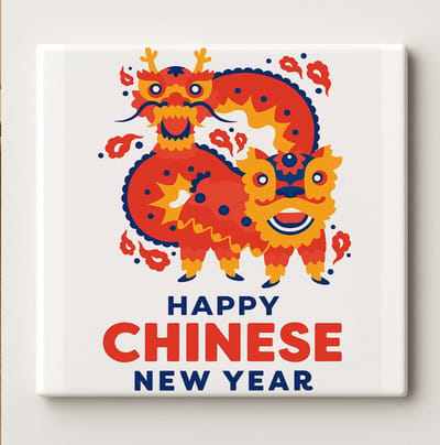 Feestelijke Tegel “Happy Chinese New Year” – 15x15 cm Keramische Muurtegel – Kleurrijk Draak Ontwerp, Perfect Chinees Nieuwjaar Cadeau en Woondecoratie