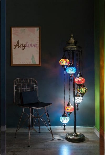 Handmade vloerlamp - Turkse staandelamp met 7 bollen - Mozaïek in warme kleuren - Uniek design