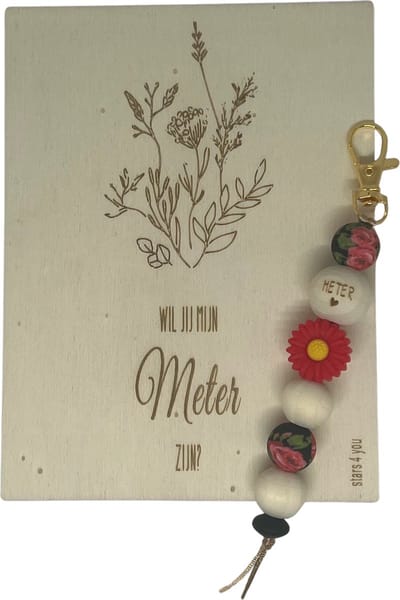 Sleutelhanger Wil je mijn METER zijn? | ROOD-ZWART | Kralen | bloem |meter vragen | meter worden | meter worden | cadeau meter | Doosje met een vraag