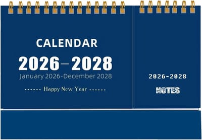 Kalender - januari 2026 tot december 2028 (3 jaar) - Verticale flipkalender - Gouden draadbinding, geschikt voor gezinsplanners, maandplanners, aftelkalenders, blauw.