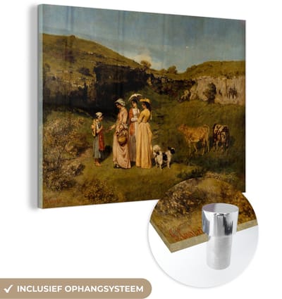 ® Glasschilderij 160x120 cm - Schilderij acrylglas - Young Ladies of the Village - Schilderij van Gustave Courbet - Foto op glas - Muurdecoratie woonkamer - Wanddecoratie slaapkamer - Schilderijen