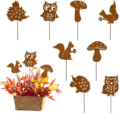 Tuinsteker, herfst, roestdecoratie, 8 stuks, roestdecoratie, ros-t tuinsteker, voor herfstdecoratie, uilen, decoratie voor binnen, bloempot, terras