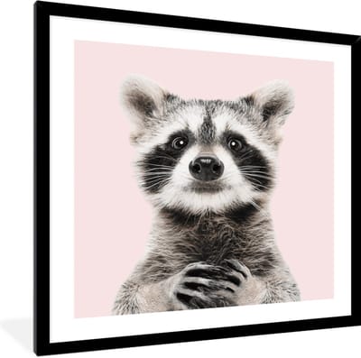FrameYourWall® - Fotolijst met poster 40x40 - Wasbeer - Bosdieren - Roze - Portret - Fotokader van hout - Kaders en lijsten - Houten fotolijstje - Wissellijst voor muurposter - Picture en photo frame - Posterlijst - Fotohouder