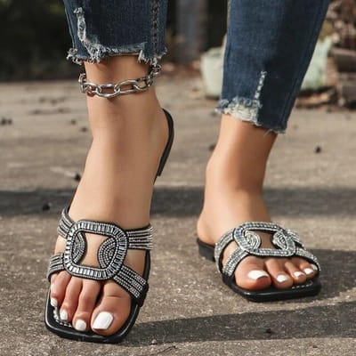 Outdoor Mode Kristal Platte Hak Vrouwen Slippers Zomer Wandelschoenen Casual Jurk Sandalen Slippers Merk Strand Slides Vrouwelijke 42