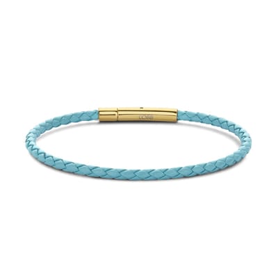 CO88 Collection 8CB-90912 Stalen Armband - Dames - Leer - Gevlochten - 18.5 cm - Turkoois - 3 mm - Goudkleurig
