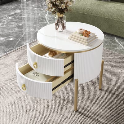 Gutent Salontafel, Wit , met laden, Speciale Afwerking, Gouden poten en handgrepen