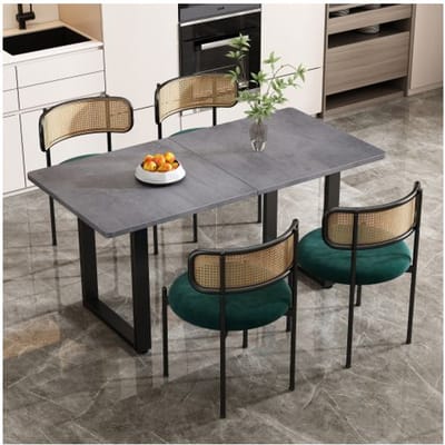 Chaises de salle à manger - MUVOE - Lot de 4 - Velours vert - Dossier en rotin - Pieds en métal vert