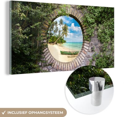 MuchoWow® Glasschilderij 40x20 cm - Schilderij acrylglas - Strand - Palmboom - Doorkijk - Kano - Foto op glas - Schilderijen