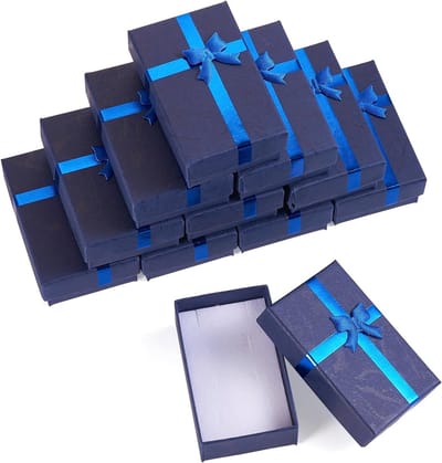 12 Stuks 8X5Cm Kartonnen Dozen in Middernacht Blauw voor Sieraden Opslag met Lint Strik en Spons Binnen voor Kerst, Bruiloft en Baby Shower