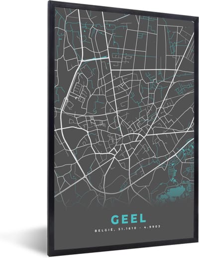Fotolijst incl. Poster - Kaart – Plattegrond – Stadskaart – Geel – België - Grijs - 40x60 cm - Posterlijst